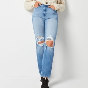 New Curvy Slim Straight Fit Highest Rise Distress Full Length Jeans 13, Waist 30